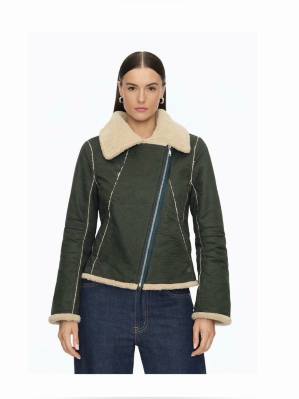 Rebecca Minkoff Quinn Green Faux Shearling Moto Jacket NWOT